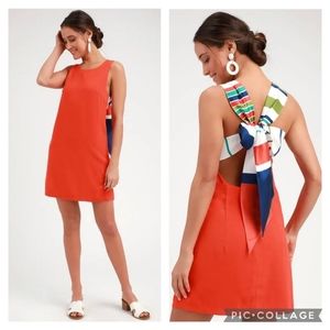 NWT Lulus Joyful Red Orange Multri Stripe Tie-Back Mini Dress Womens Sz M Bow